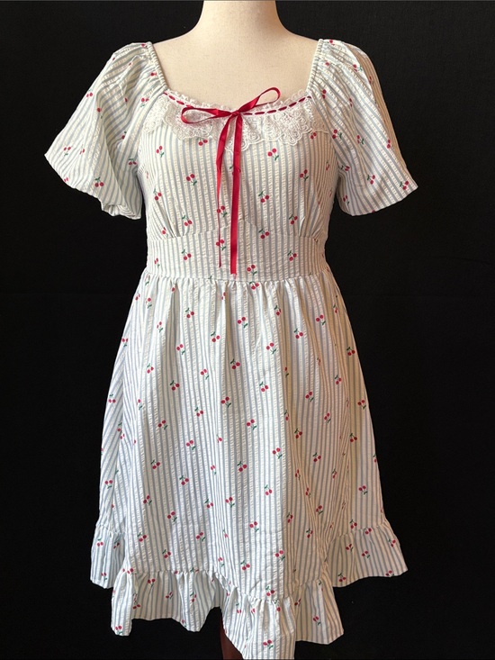 Julia Dresses & Skirts - Vintage-Inspired White & Light Blue Striped with Cherries and Ribbon Tie